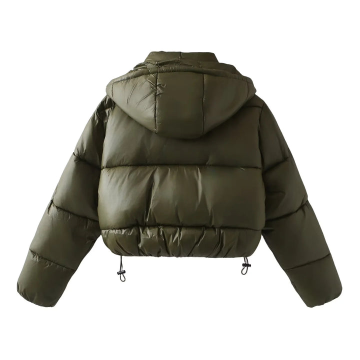 Damen nan oversized wattierte Kurzjacke mit abnehmbarer Kapuze, hohem Stehkragen und Tunnelzugsaum Drune