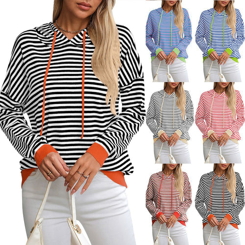 Damen gestreifter Hoodie mit lässigem Schnitt und kontrastierenden Details Drune