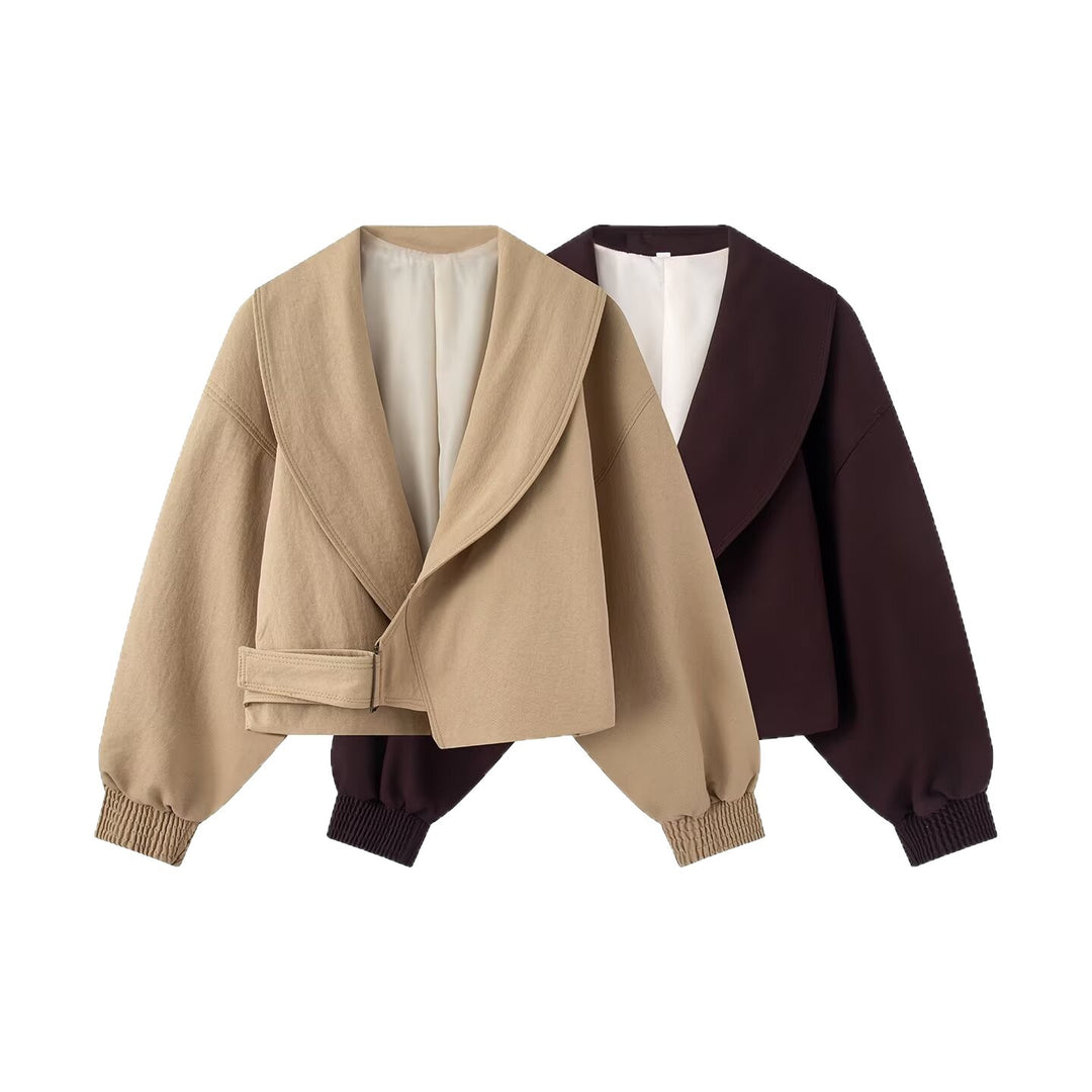 Damen Kurze Oversized Jacke mit breitem Schalkragen, Ballonärmeln und Taillenriegel Drune
