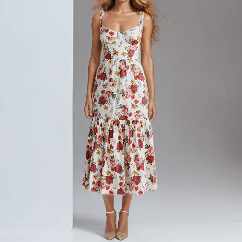 Damen Blumenkleid mit Rüschensaum und schmalen Trägern Drune
