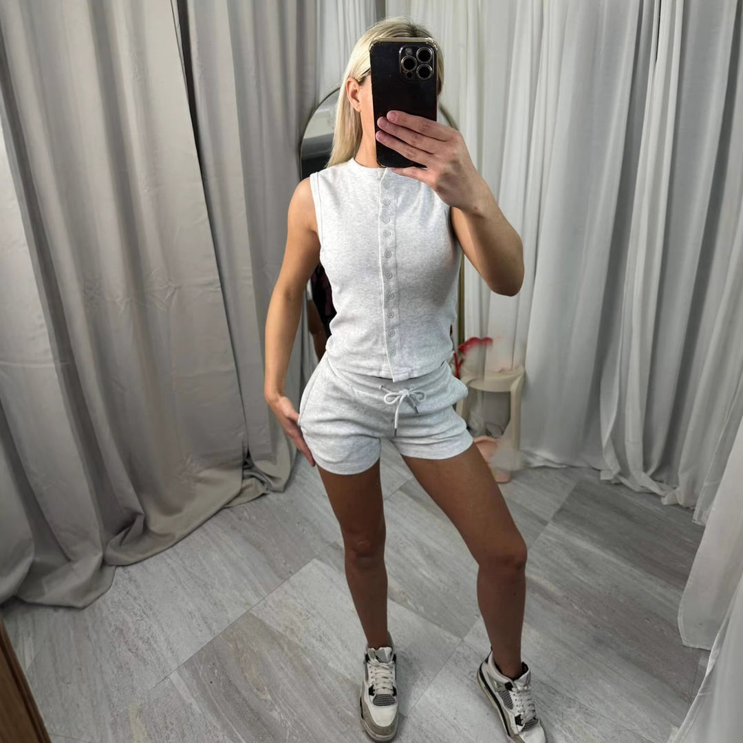 Damen lässiges Kurzoverall-Set mit Knopfverschluss und verstellbarem Taillenzug