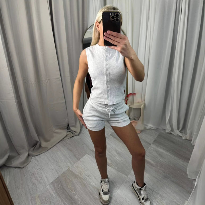 Damen lässiges Kurzoverall-Set mit Knopfverschluss und verstellbarem Taillenzug