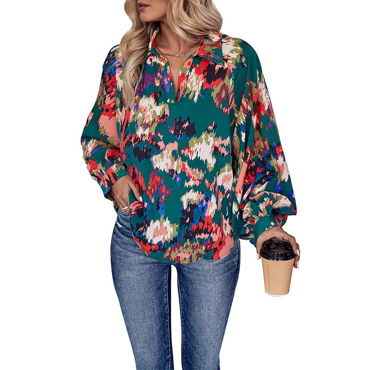 Damen Chiffonbluse mit weitem Ballonärmel, V-Ausschnitt und abstraktem Allover-Print Drune