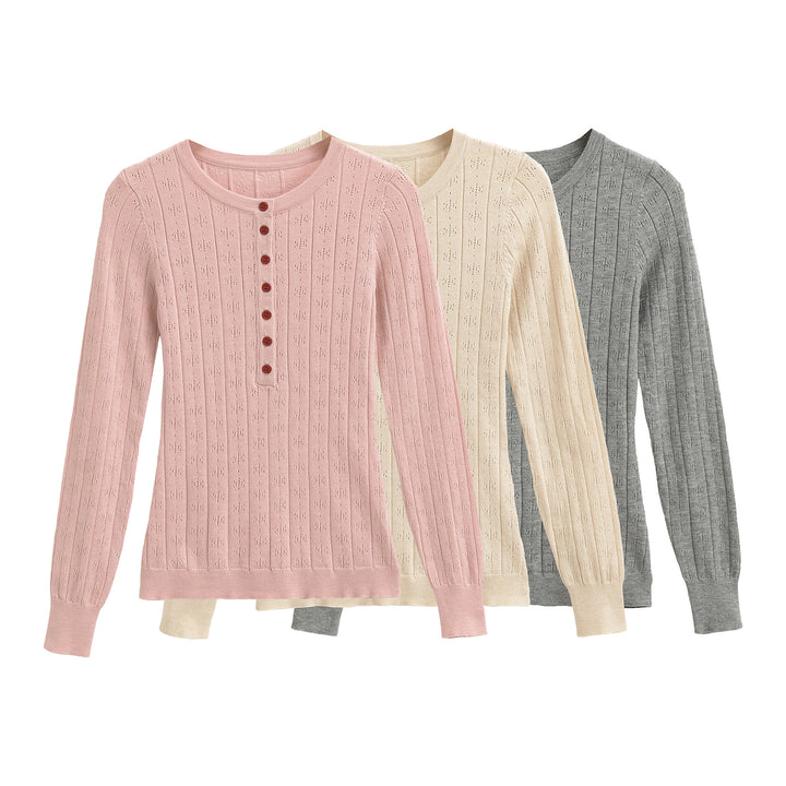 Damen Feinstrick-Longsleeve mit Knopfleiste und Strukturstrick Drune