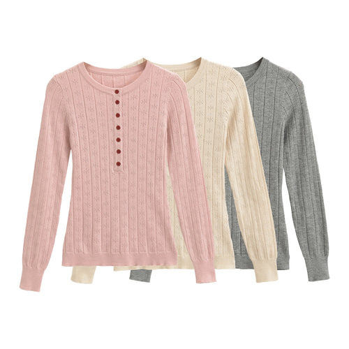 Damen Feinstrick-Longsleeve mit Knopfleiste und Strukturstrick Drune