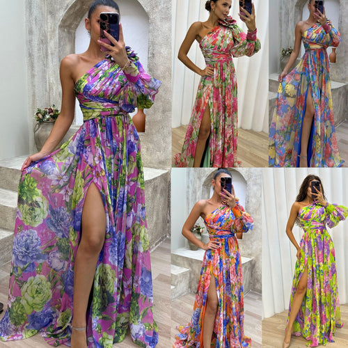 Damen Maxikleid mit asymmetrischem Schnitt und floralen Applikationen Drune