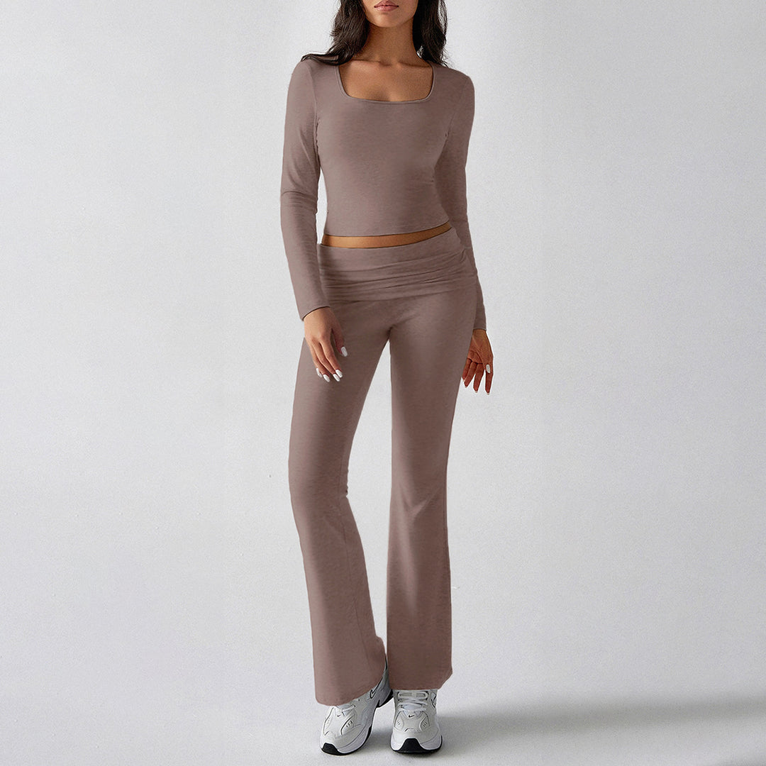 Damen nan figurbetontes Cropped-Set mit langärmeligem Top mit quadratischem Ausschnitt und ausgestellter High‑Waist Yoga-Hose Drune