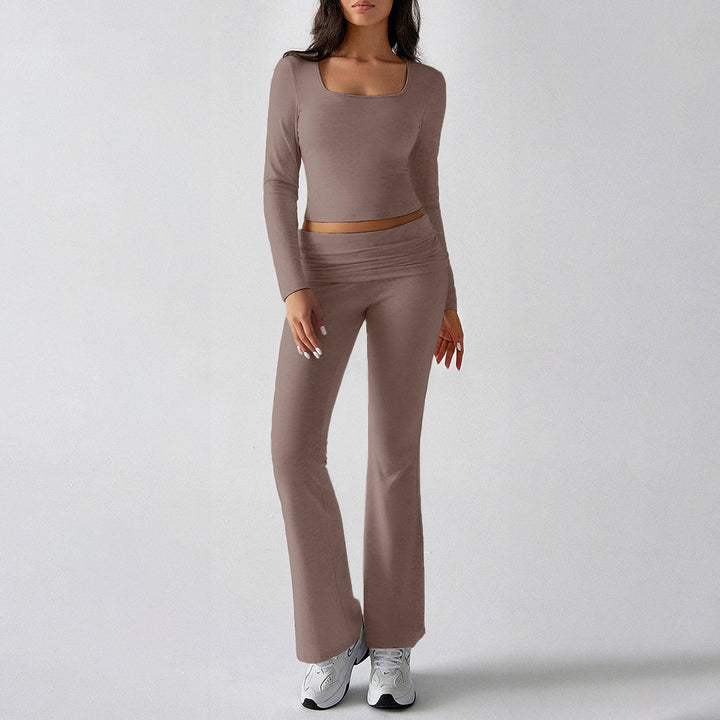 Damen nan figurbetontes Cropped-Set mit langärmeligem Top mit quadratischem Ausschnitt und ausgestellter High‑Waist Yoga-Hose Drune