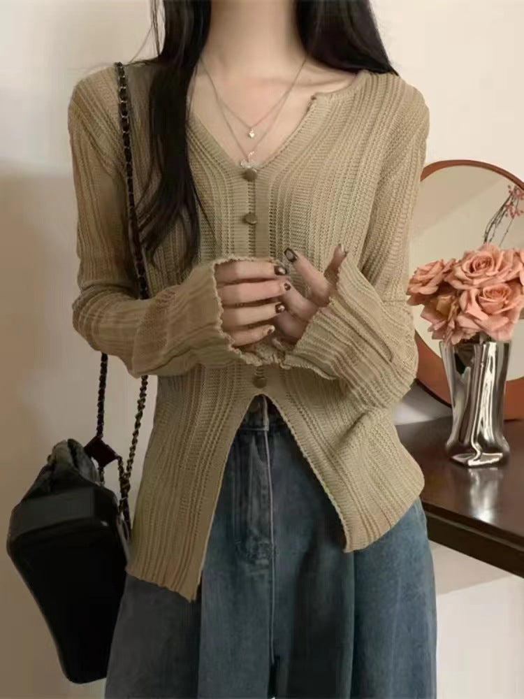 Damen eleganter V-Ausschnitt Pullover mit Knopfdetail und lässigen Ärmeln Drune