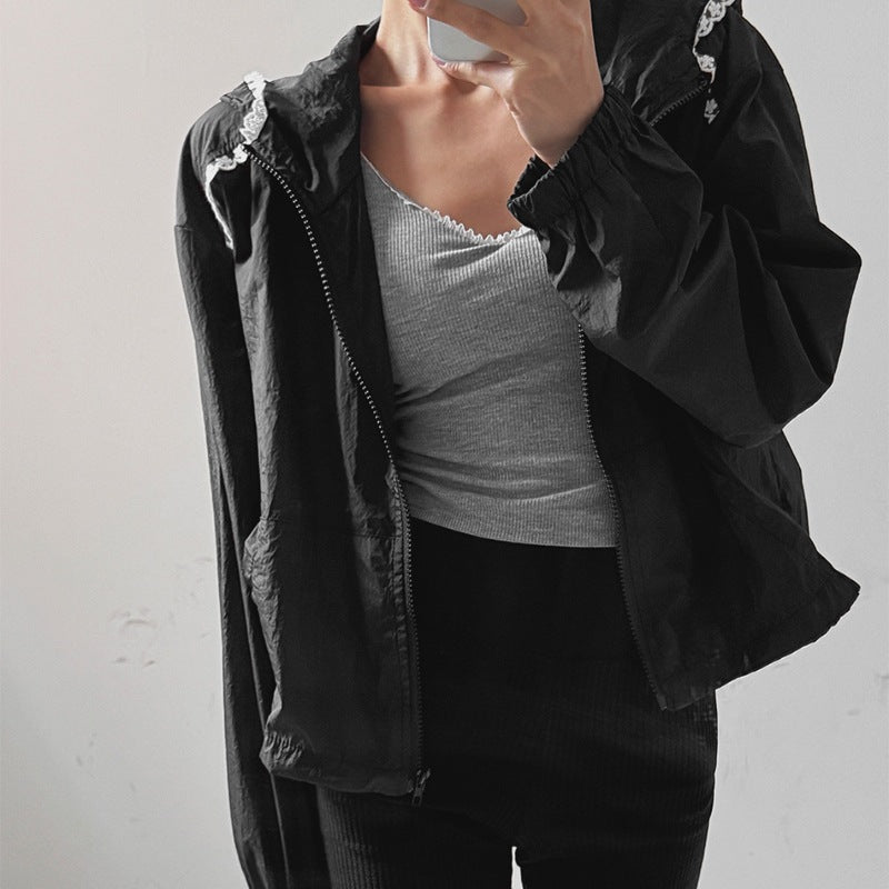 Damen modische cropped Jacke mit verstellbarem Kapuzenkragen Drune