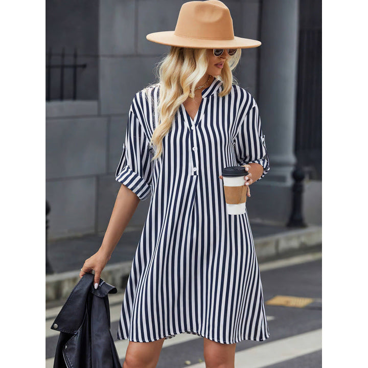 Damen gestreiftes Button-Down Hemdkleid Drune