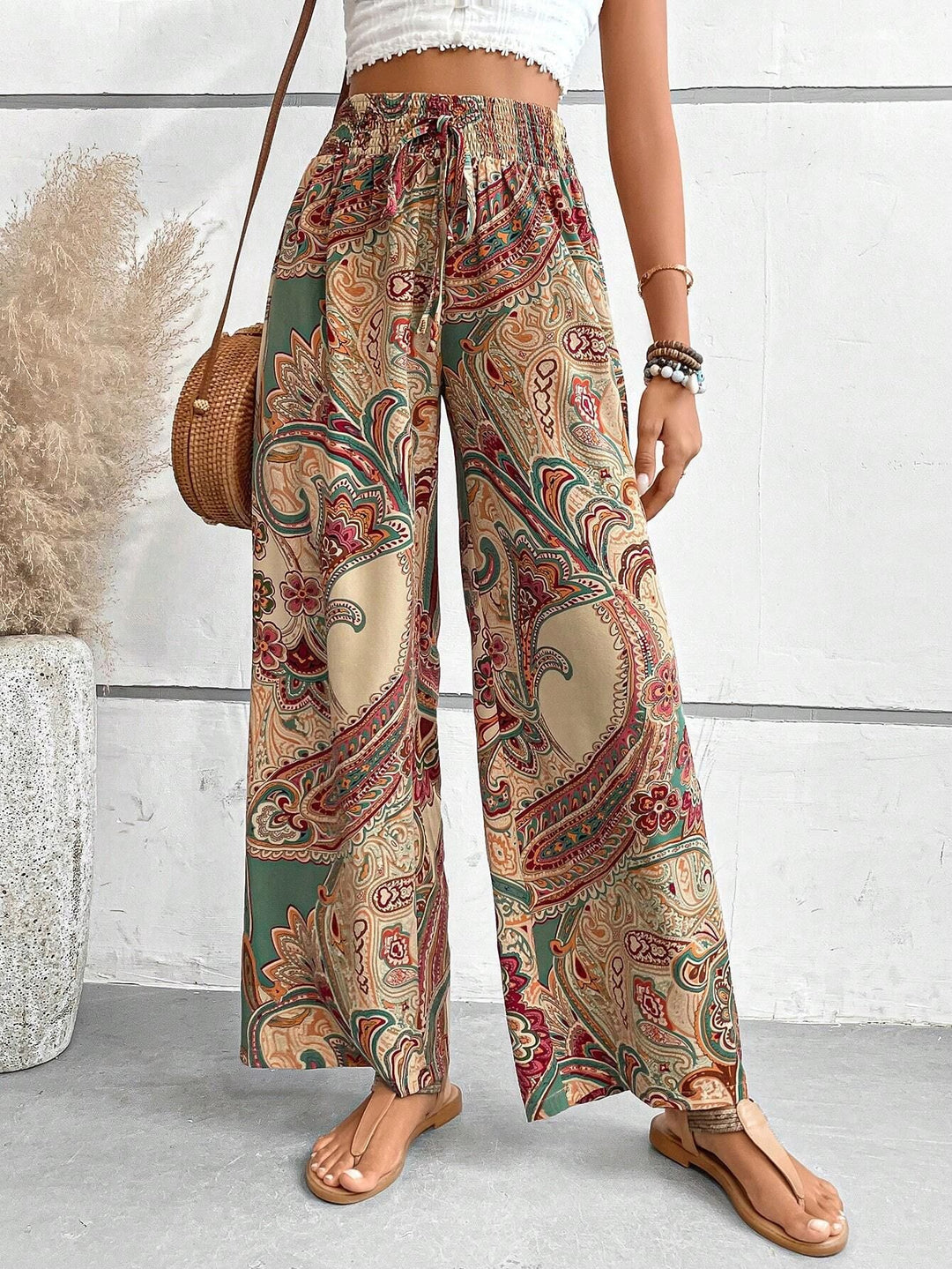 Damen Palazzo-Hose mit weitem Bein, elastischem Smockbund und Paisley-Print Drune