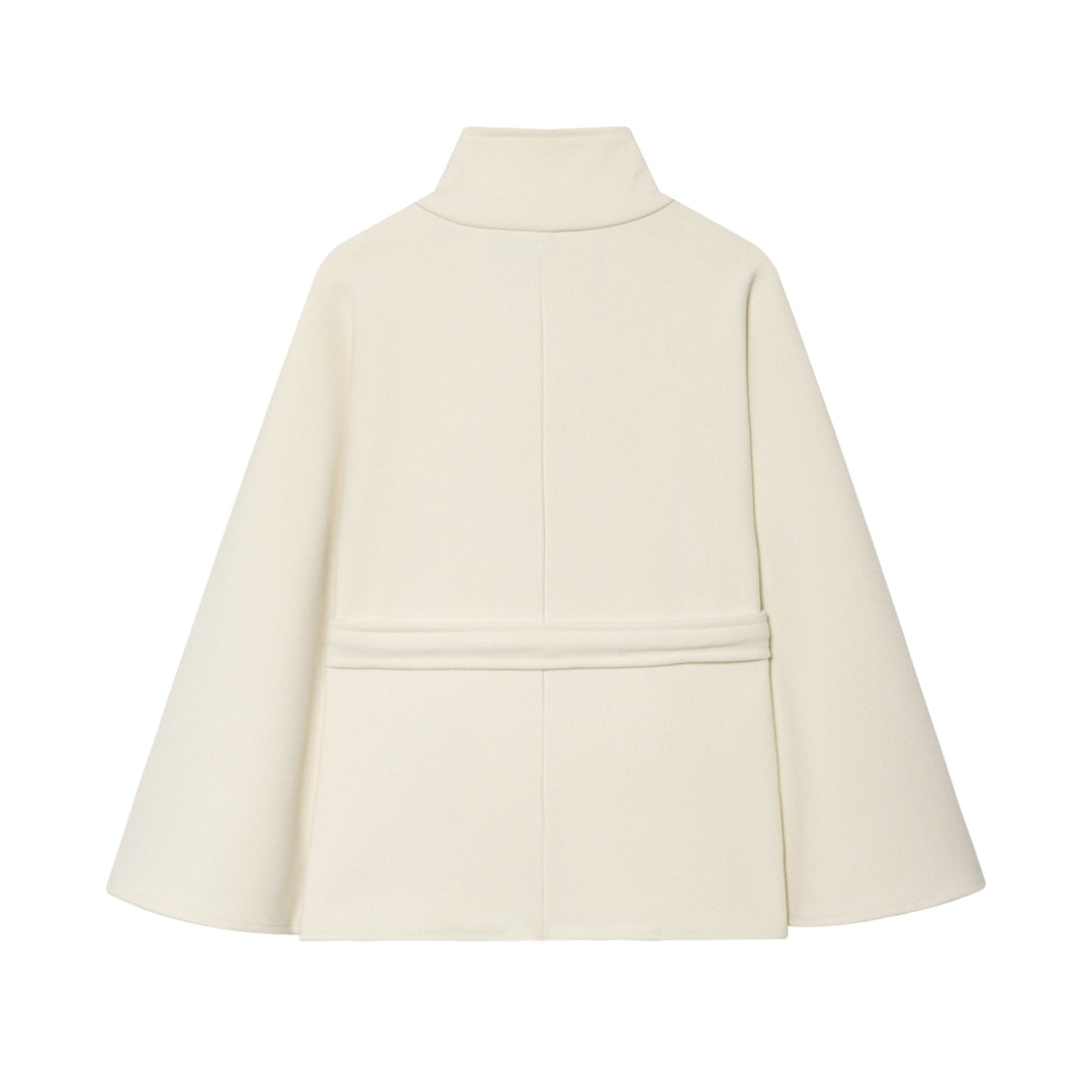 Damen Kurzes Cape-Mantel mit Stehkragen, Knopfleiste und Bindegürtel Drune