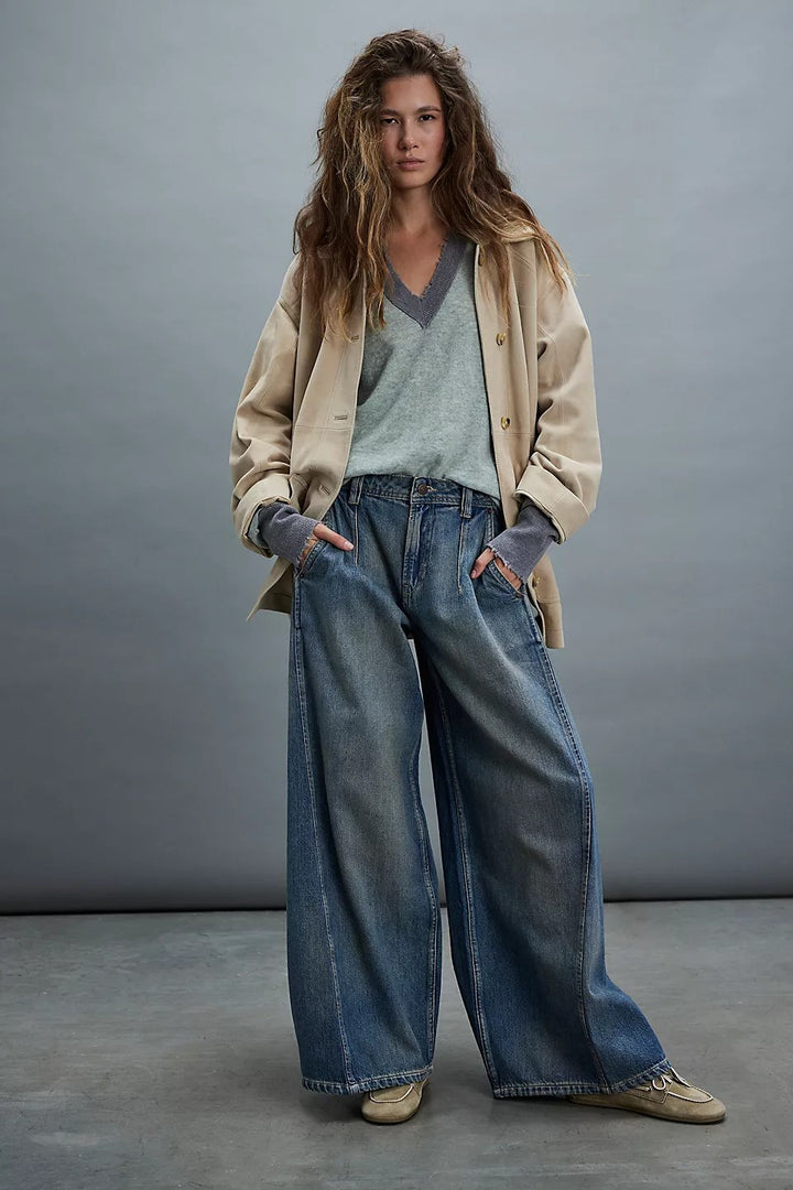 Damen nan extraweite High‑Waist Palazzo-Jeans mit hohem Bund, tiefem Schritt und verwaschener Vintage-Optik Drune