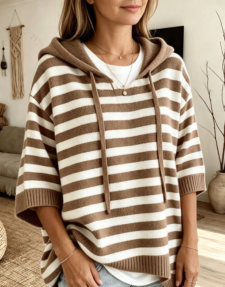 Damen Lässiger gestreifter Kapuzen-Poncho aus weichem Feinstrick mit halblangen Ärmeln Drune