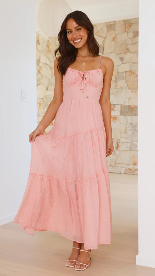 Damen Boho-Chic Maxikleid mit verstellbaren Spaghettiträgern und voluminösem Rock Drune