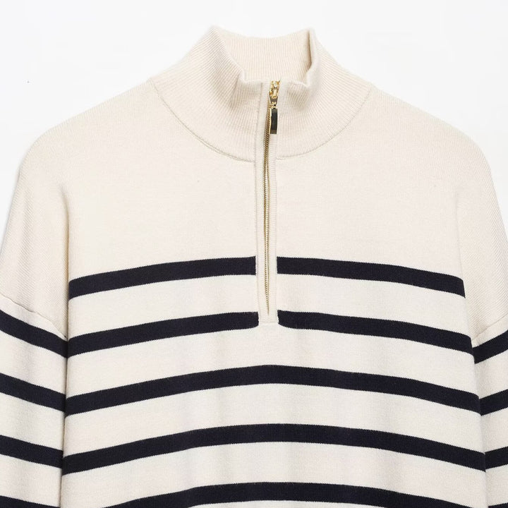 Damen Cropped Boxy Strickpullover mit halbem Reißverschluss, Stehkragen und breiten Streifen Drune
