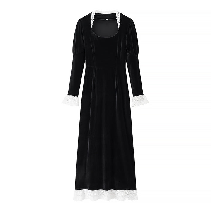 Damen Maxikleid aus Samt mit quadratischem Ausschnitt, Puffärmeln und Spitzenbesatz Drune