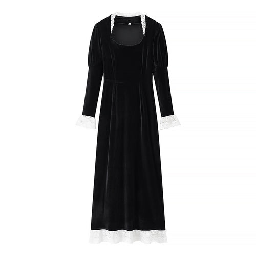 Damen Maxikleid aus Samt mit quadratischem Ausschnitt, Puffärmeln und Spitzenbesatz Drune