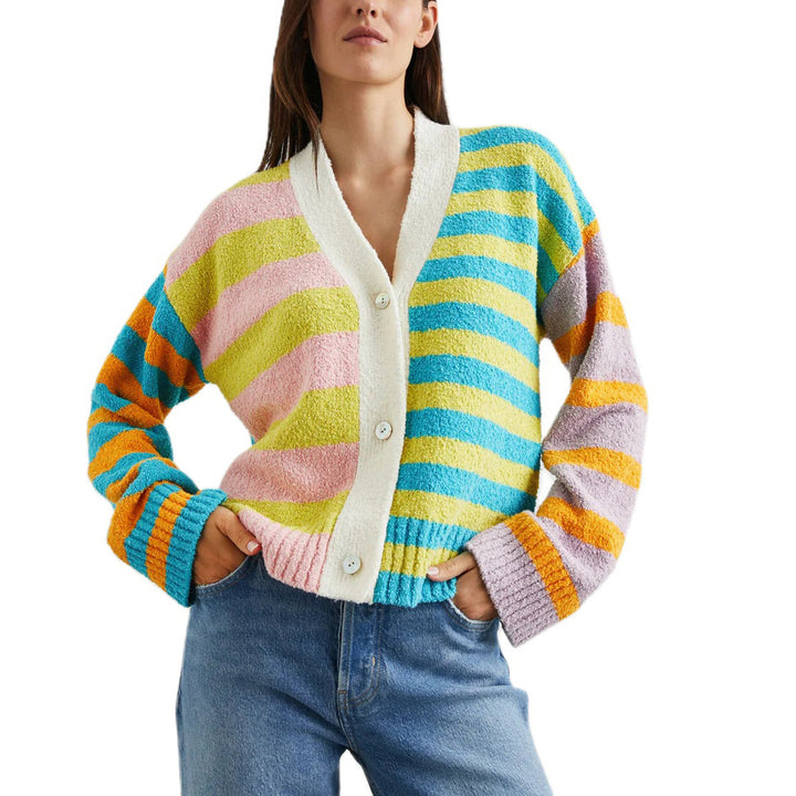Damen lockerer gestreifter Frottee-Cardigan mit V-Ausschnitt und Knopfleiste Drune