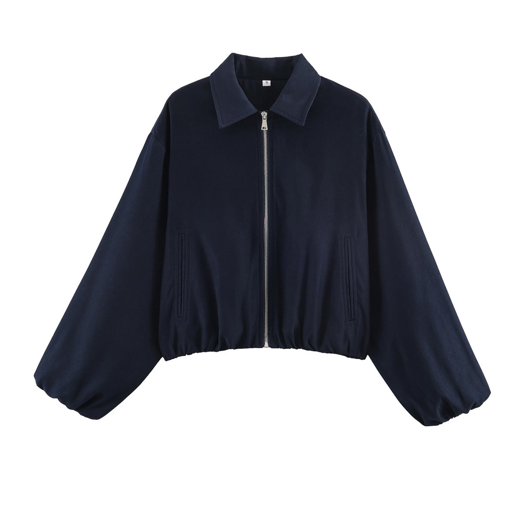 Damen Cropped Bomberjacke mit Ballonärmeln, elastischem Saum und Reverskragen Drune
