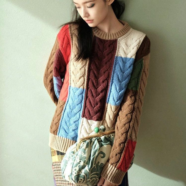 Damen Grobstrickpullover mit auffälligem Patchwork-Muster Drune