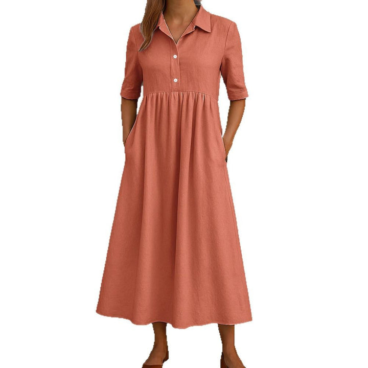 Damen Elegantes Maxikleid mit Hemdkragen und praktischen Taschen Drune