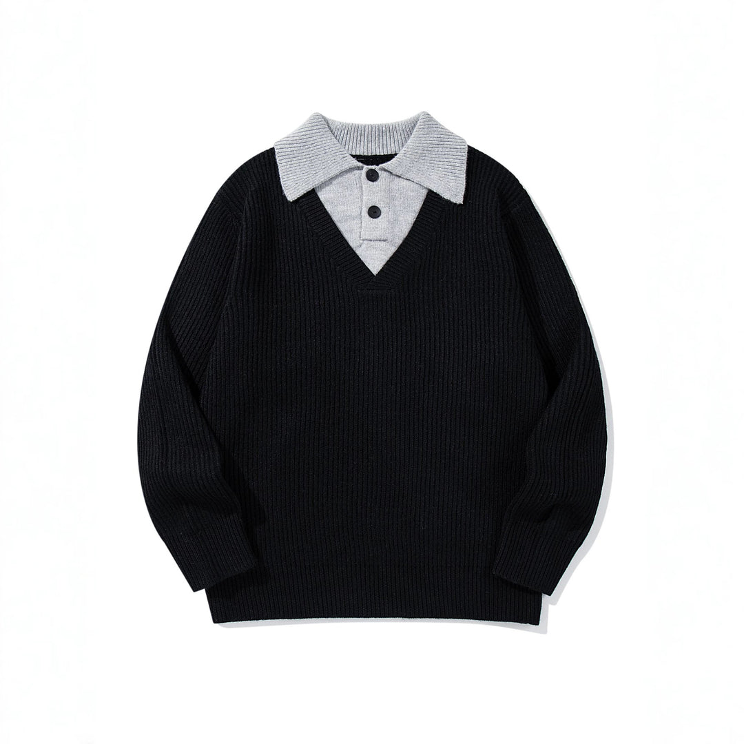 Herren Gerippter Strickpullover mit Polokragen‑Einsatz und tiefem V‑Ausschnitt Drune