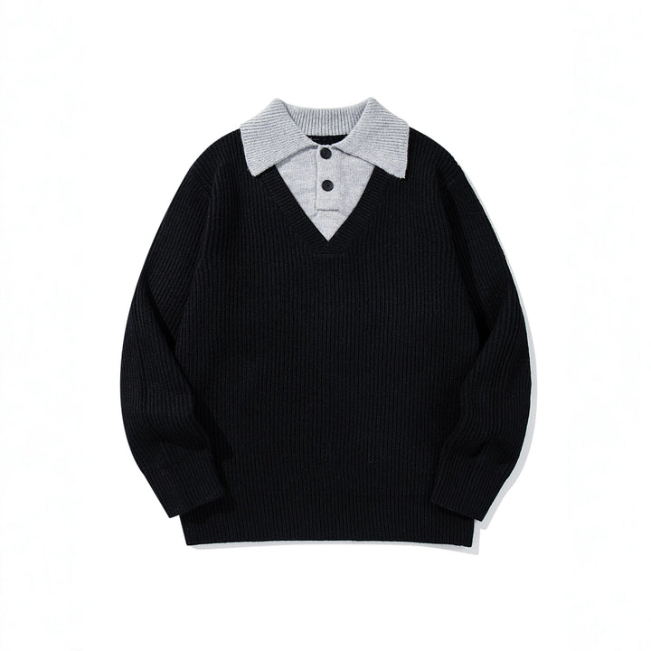 Herren Gerippter Strickpullover mit Polokragen‑Einsatz und tiefem V‑Ausschnitt Drune