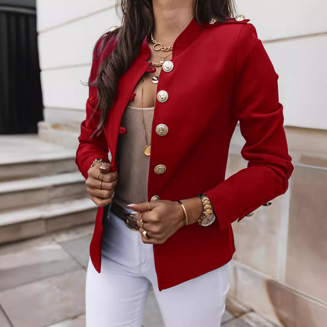 Damen nan militärischer Blazer mit Stehkragen und dekorativen Goldknöpfen Drune