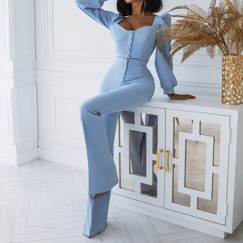 Damen Elegantes Set mit figurbetontem Oberteil und weitem Hosenbein Drune