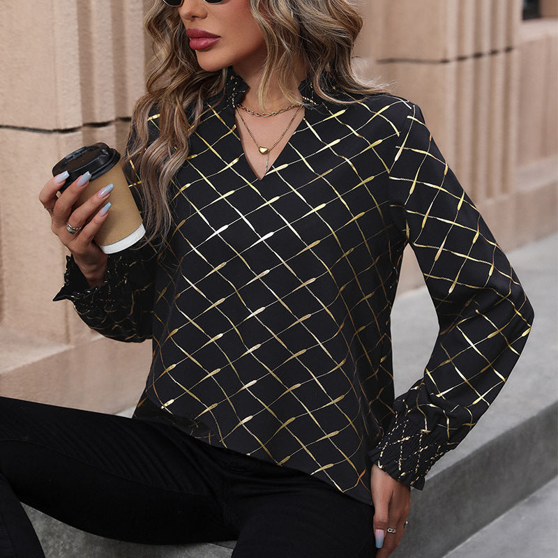 Damen Elegante Bluse mit geometrischem Muster und Rüschen Drune
