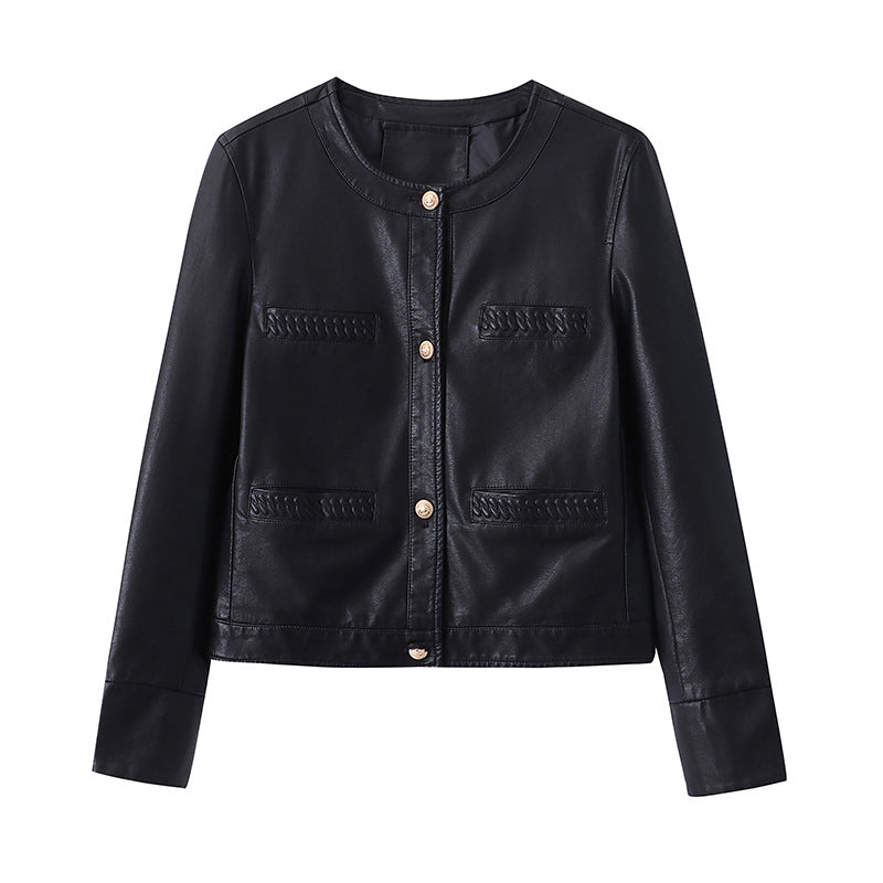 Damen Lederjacke im modernen Stil mit dekorativen Taschen und elegantem Schnitt Drune