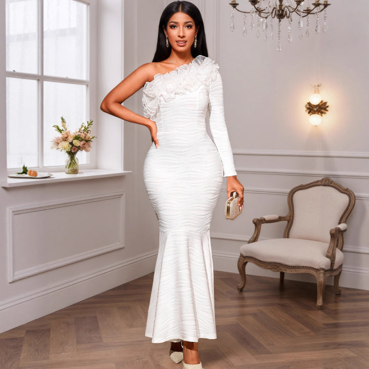 Damen elegantes Wickelkleid mit Rüschen und asymmetrischem Ausschnitt Drune