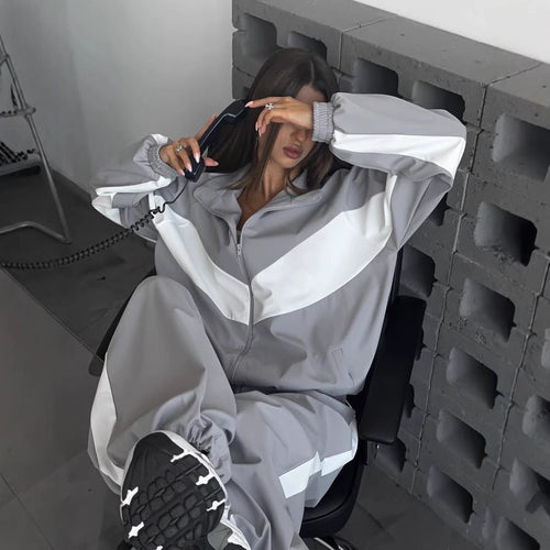 Damen sportives Zweiteiler-Set aus Oversize-Trackjacke mit Reißverschluss und weitem Bundfalten-Hose Drune