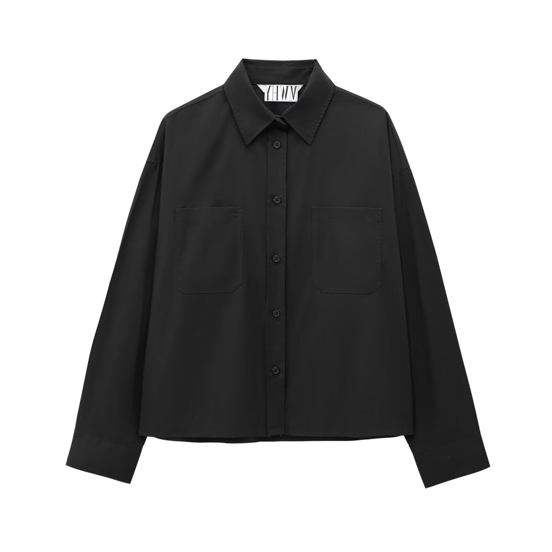 Damen Boxy-Cropped-Hemdjacke mit aufgesetzten Brusttaschen Drune