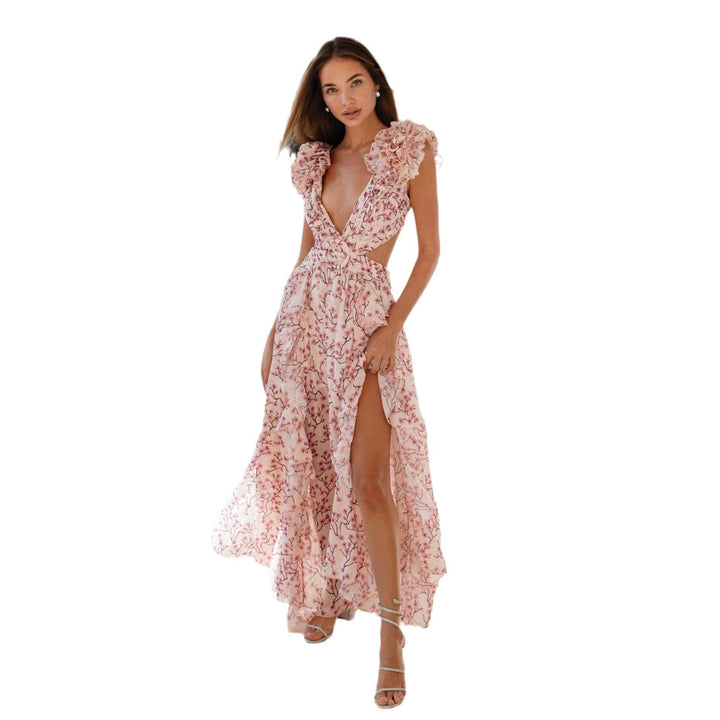 Damen Maxi Kleid mit Rüschendetails und Blumenmuster Drune