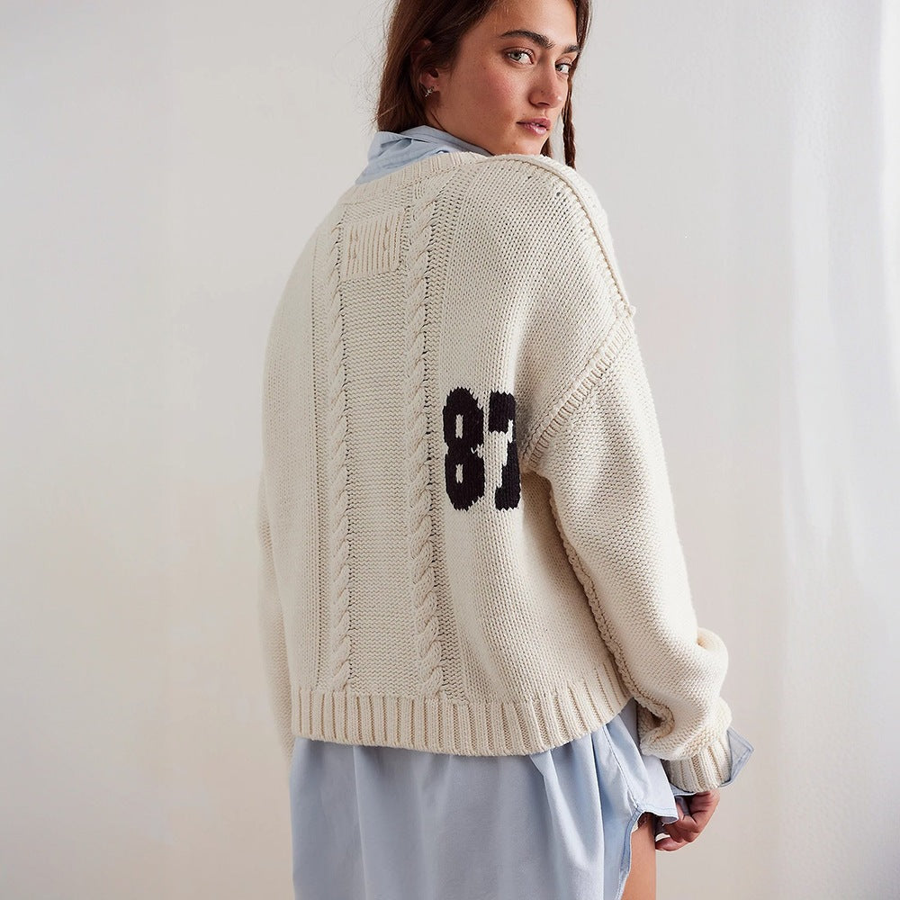 Damen Oversize Grobstrick-Pullover mit sportivem Zahlendekor & Zopfstrickdetail Drune