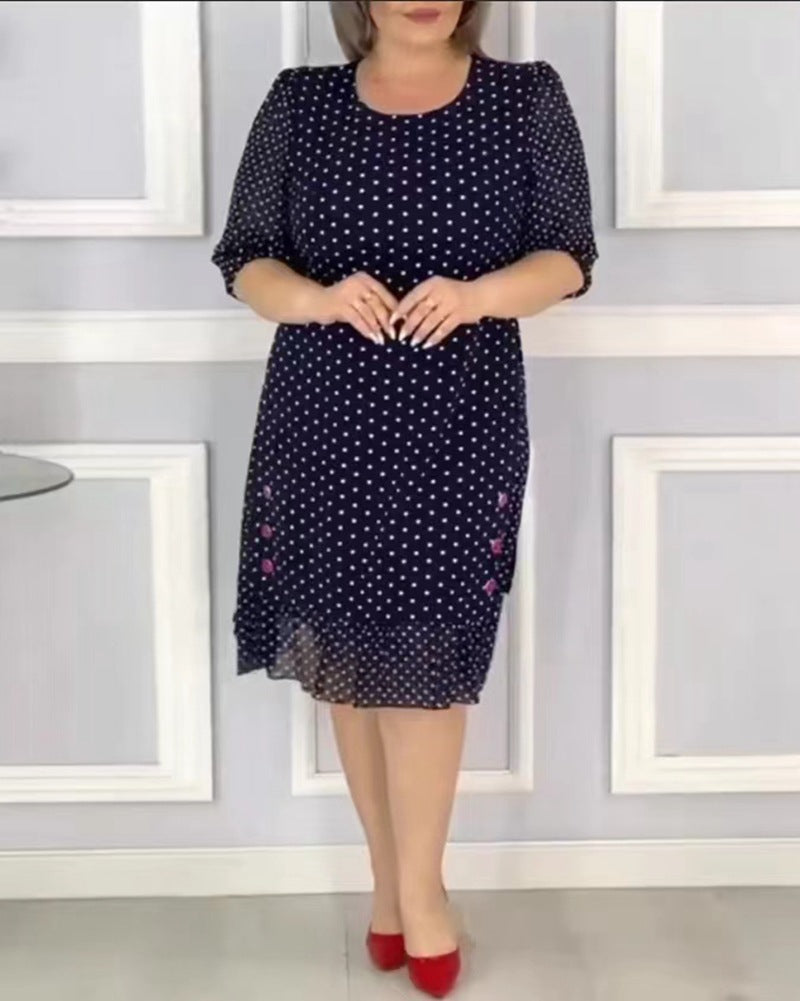 Damen nan Chiffon-Midikleid mit Pünktchenmuster, halblangen Puffärmeln, seitlicher Blumenstickerei und gerafftem Volantsaum Drune