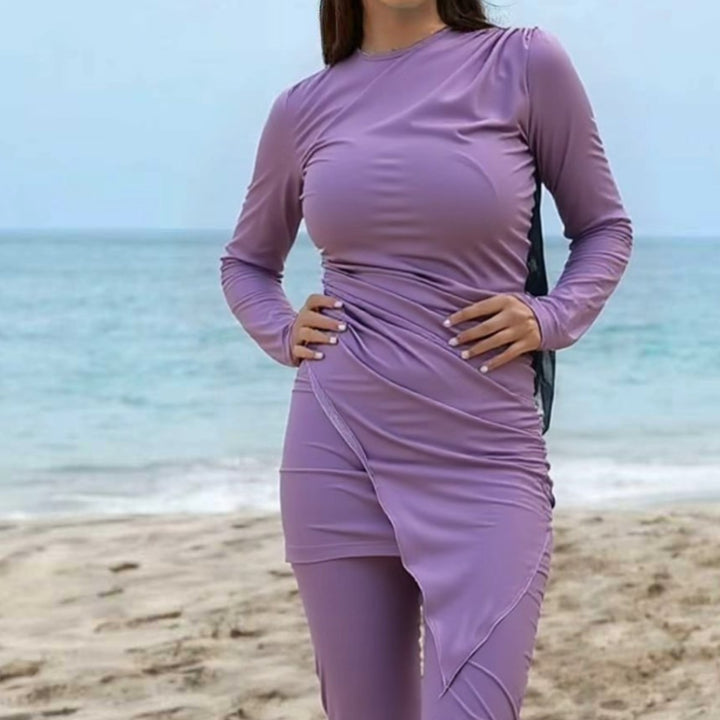 Damen Sportlicher Langarm-Badeanzug mit Wickeldesign Drune