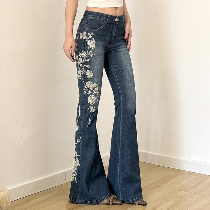 Damen Bestickte Schlagjeans mit hoher Taille und figurformender Passform Drune