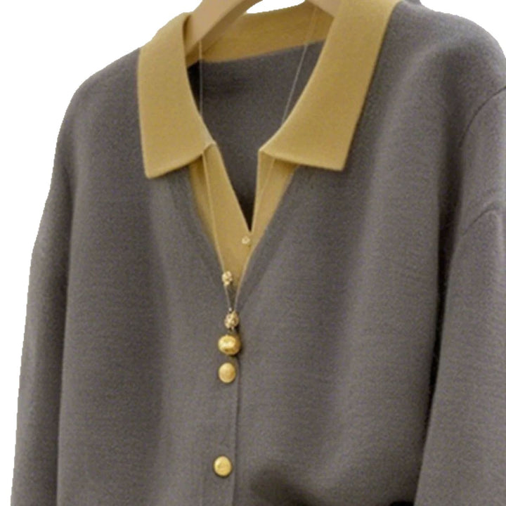 Damen modische Strickjacke mit elegantem Kragen und großen Knöpfen Drune