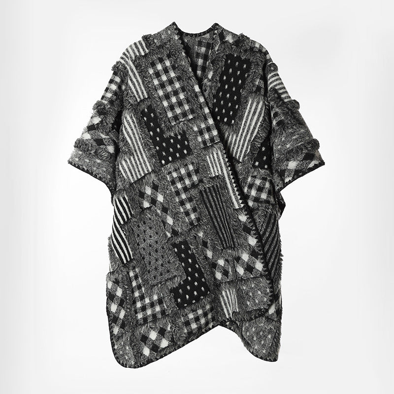 Damen Oversize-Patchwork-Cape im Bouclé- und Jacquard‑Mix mit kastiger Kurzarm-Silhouette Drune