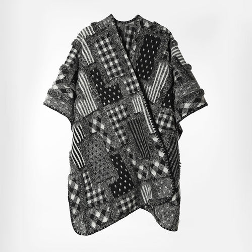 Damen Oversize-Patchwork-Cape im Bouclé- und Jacquard‑Mix mit kastiger Kurzarm-Silhouette Drune