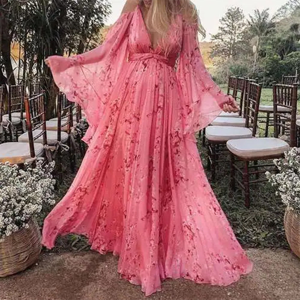 Damen Luftiges Maxi-Kleid mit floralen Akzenten und schwingenden Ärmeln Drune