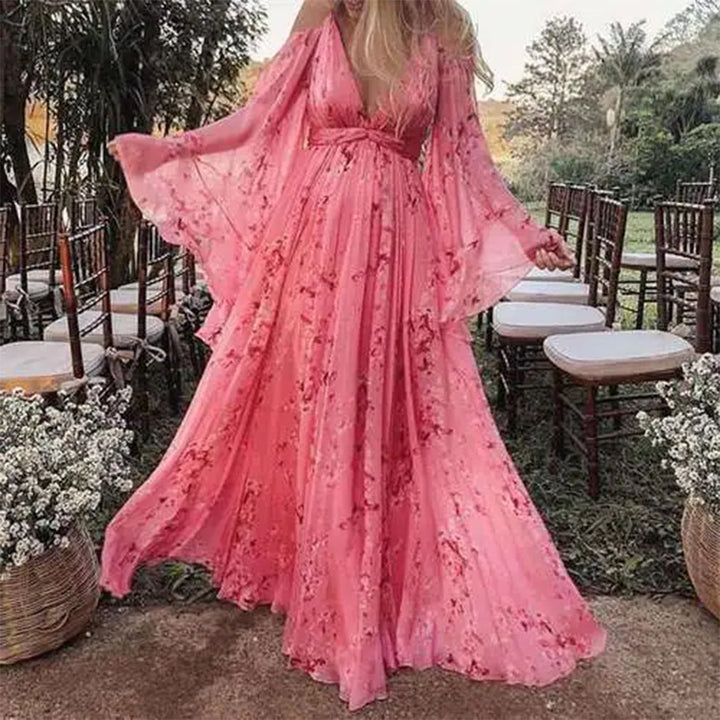 Damen Luftiges Maxi-Kleid mit floralen Akzenten und schwingenden Ärmeln Drune