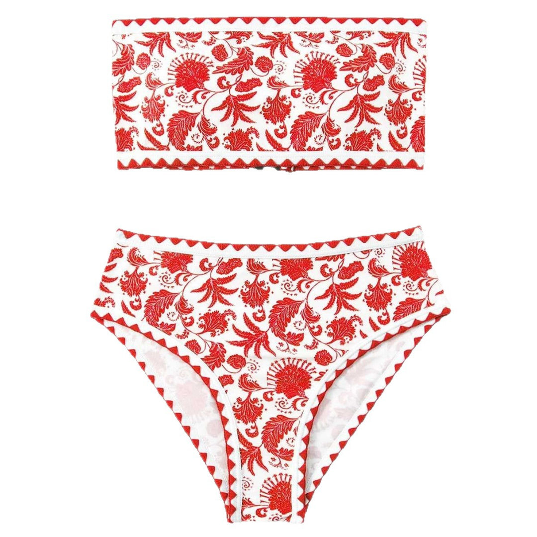 Damen Bandeau-Bikini-Set mit farbenfrohem floralen Muster und elastischem Gürtel Drune
