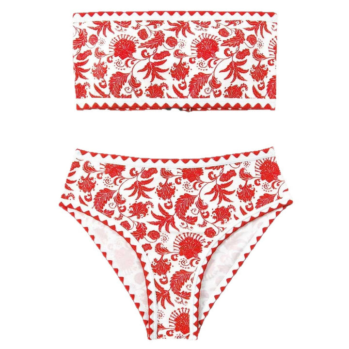 Damen Bandeau-Bikini-Set mit farbenfrohem floralen Muster und elastischem Gürtel Drune