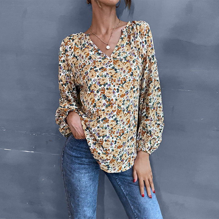 Damen Leichte V-Ausschnitt Blumenbluse mit Ballonärmeln Drune