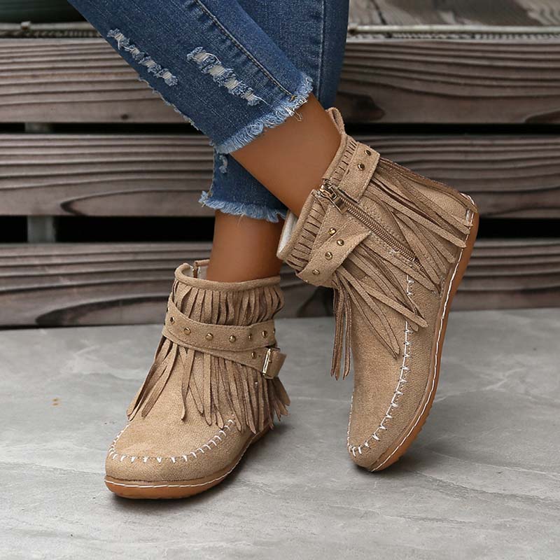 Drune | Boho Stiefelette Mit Fransen Und Schnallen Für Damen